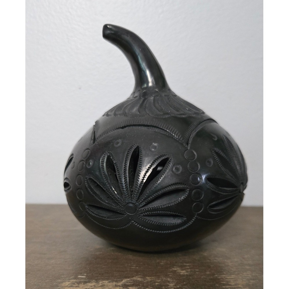 Hand Carved‎ Black Clay Pumpkin Luminary Barro Negro Style Candle Holder 5.5"